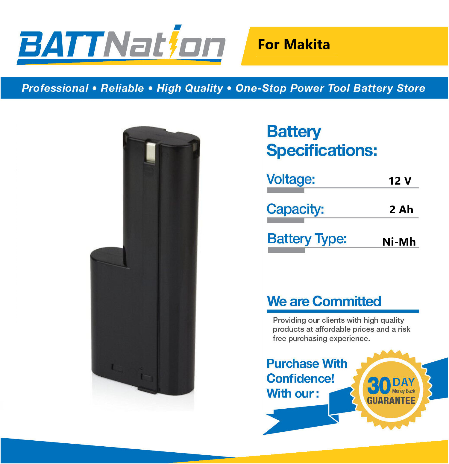 12V 2Ah NiMh Battery for Makita 1210 632277-5 5092D 5092DW 6011D 6011DW