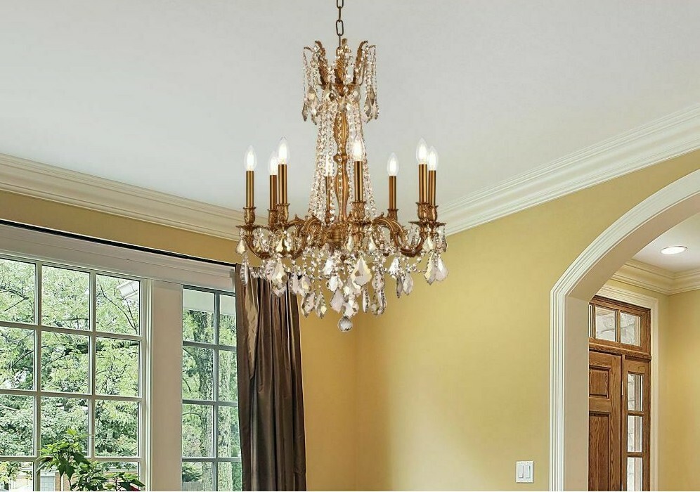FRENCH GOLD CEILING LIGHTING GOLDEN TEAK CRYSTAL CHANDELIER FIXTURES 8 LIGHT 30″