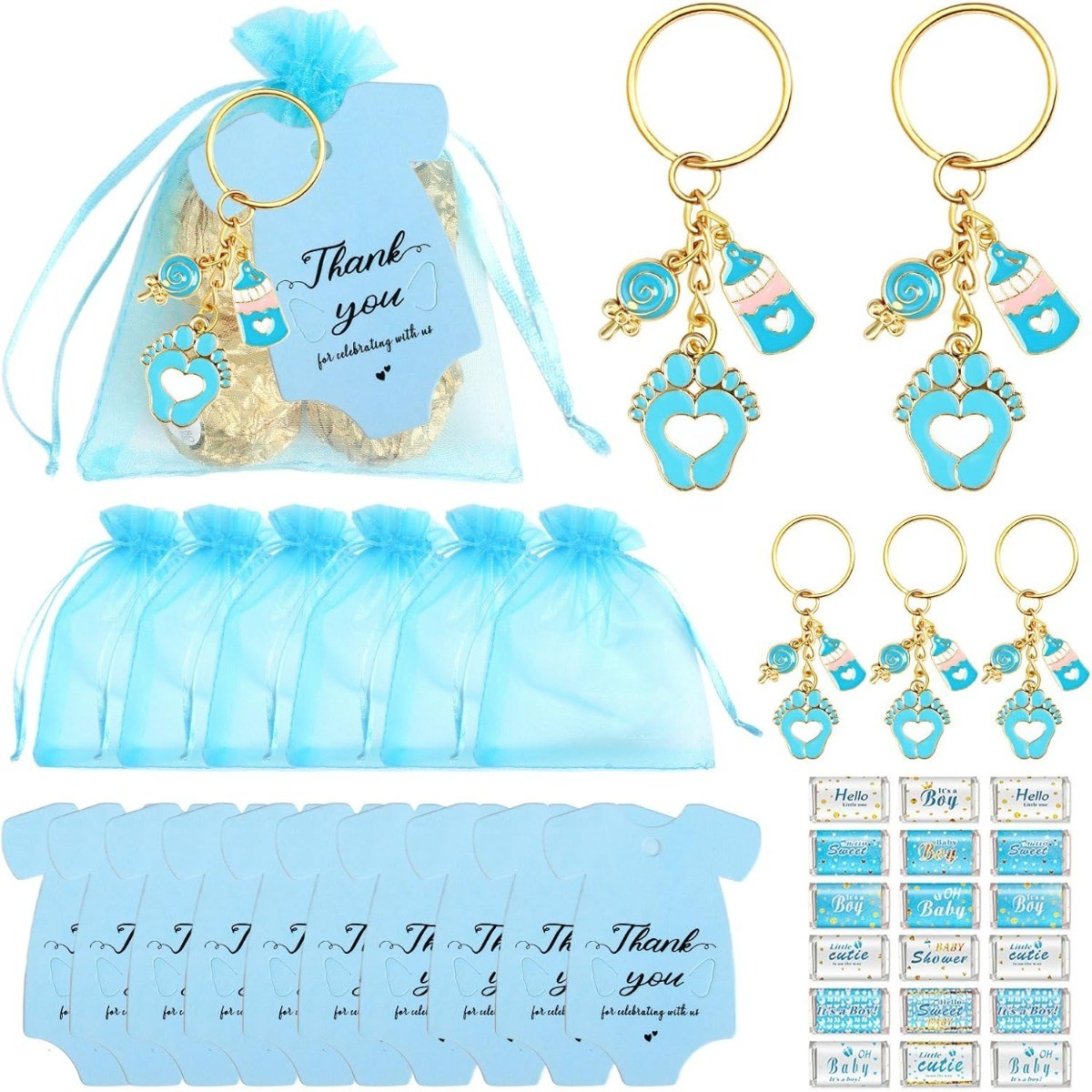 12 Sets Baby Shower Favors for Boy Blue Footprint Keychain Gifts Party Supplies
