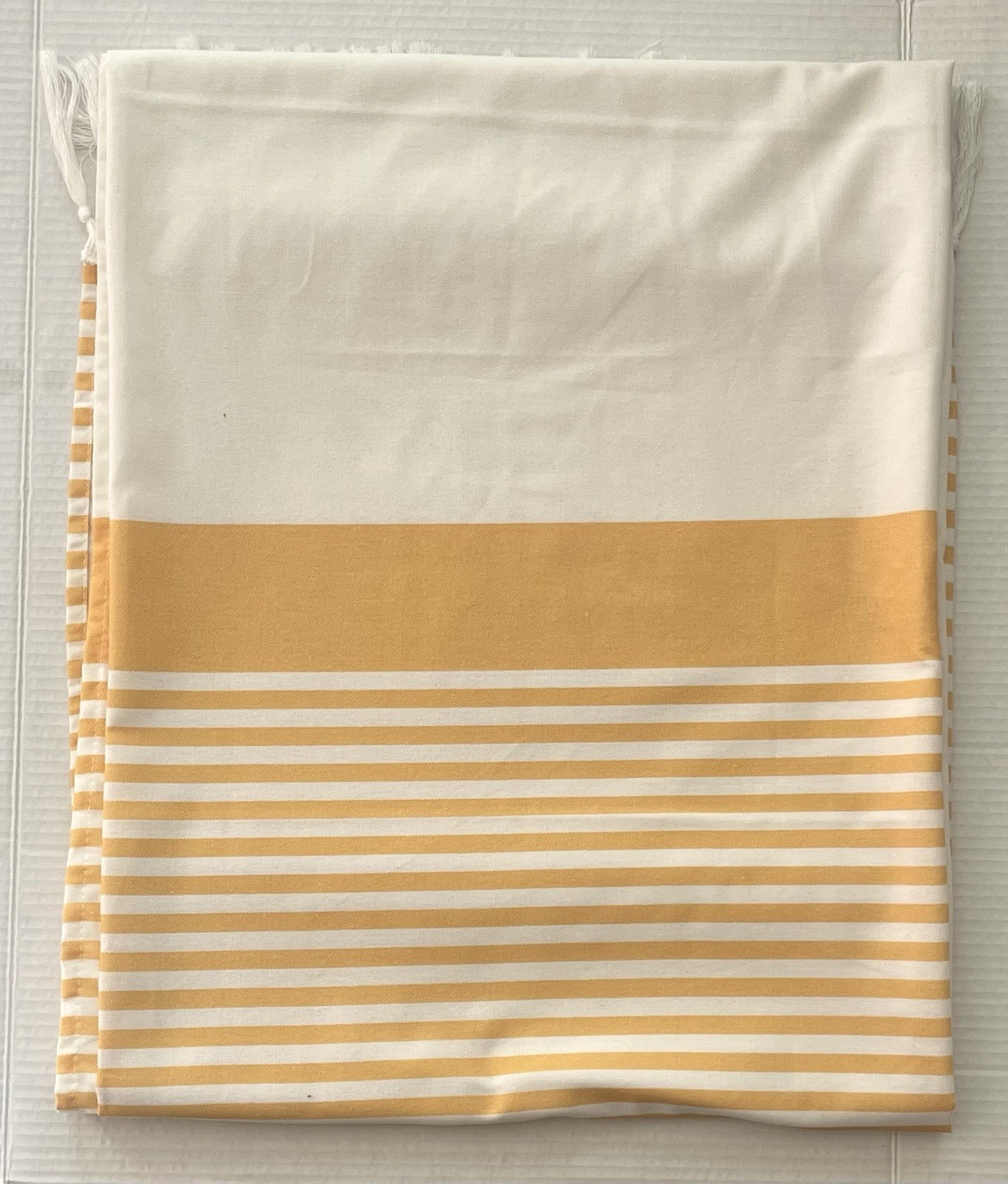 Dynamene Linen Blend Fabric Shower Curtain White Yellow Stripes Fringe 72” x 72”