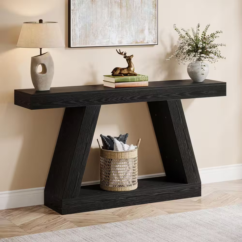 55.12 In. Black Rectangle Engineered Wood Console Table for Hallway, Living Room