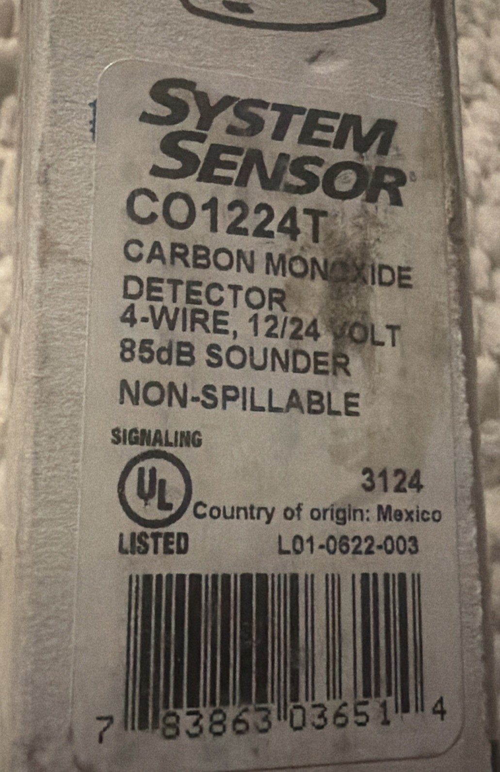 System Sensor CO1224T Carbon Monoxide Detector