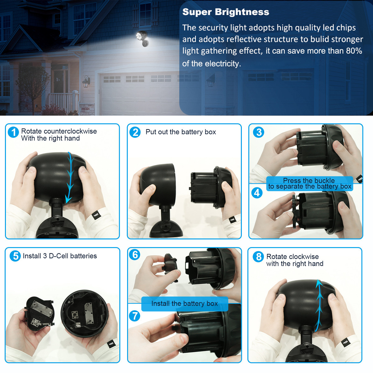Battery Powered Motion Sensor Security Light Outdoor Garden Lamp 6 Led Spotlight