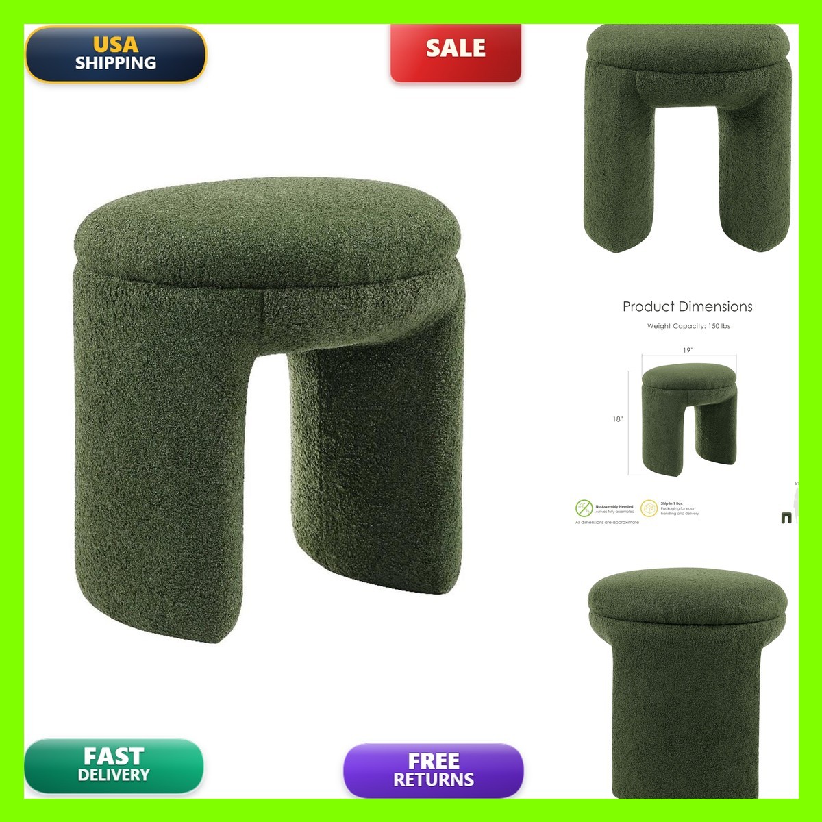 Furniture America Rami Modern 18-inch Solid Wood Upholstered Ottoman Pedestal