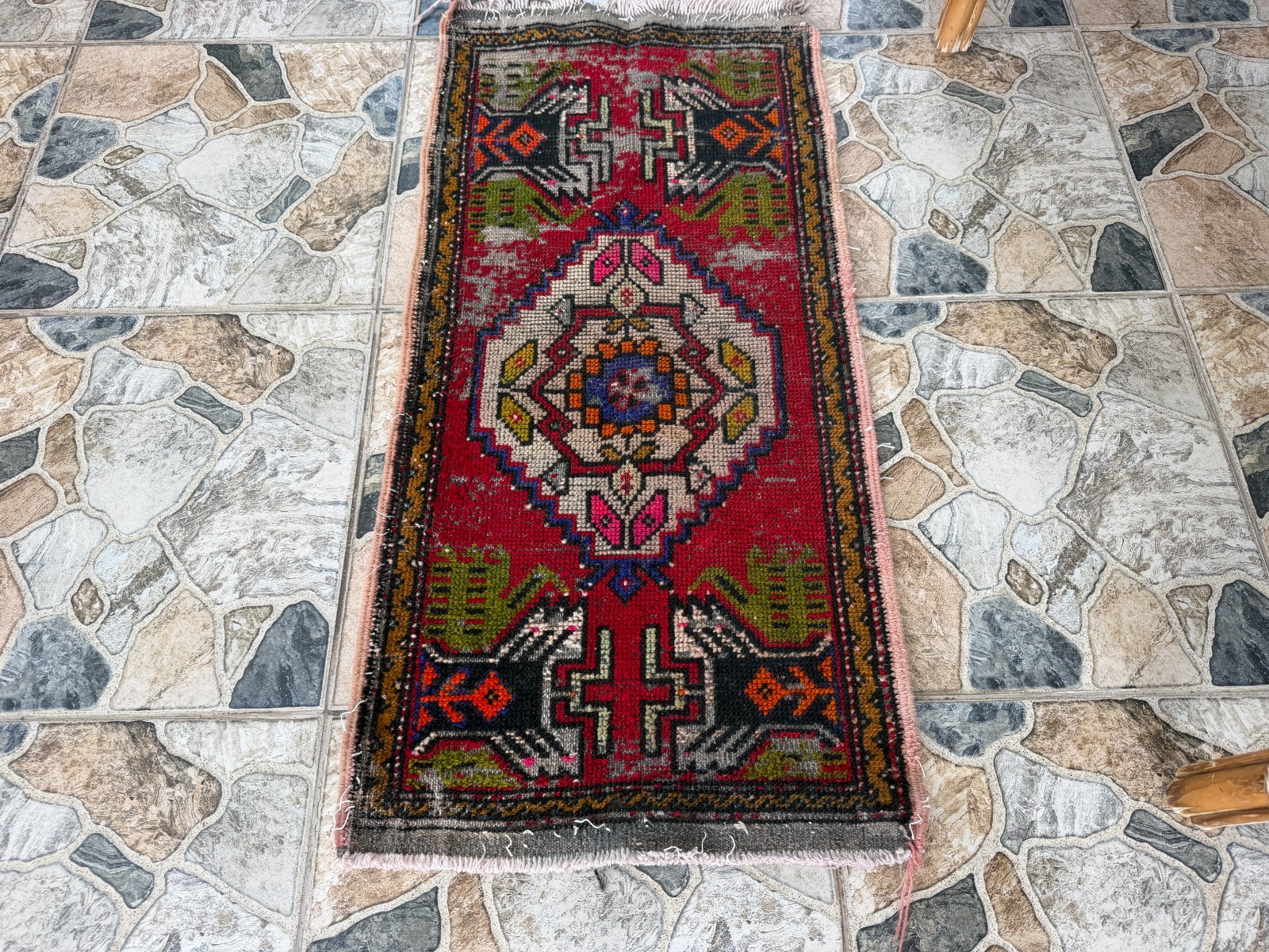 Red Vintage Turkish Rug 1.7×3.3 Rustic Distressed Rug Tribal Shabby Wool Carpet
