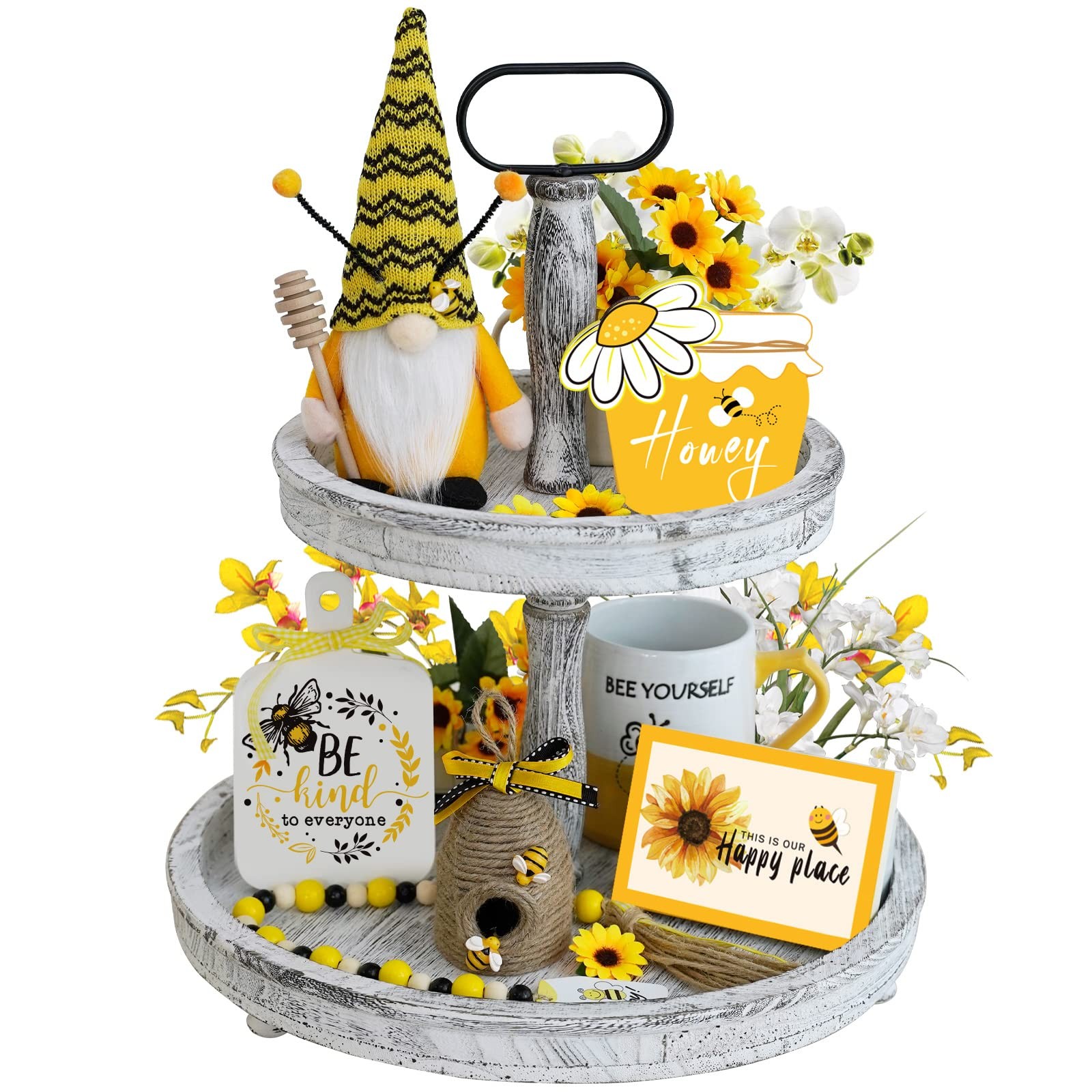 6Pcs Bee Tiered Tray Decor Set, Spring Bumble Bee Gnome Plush, 3 Wood Signs, …