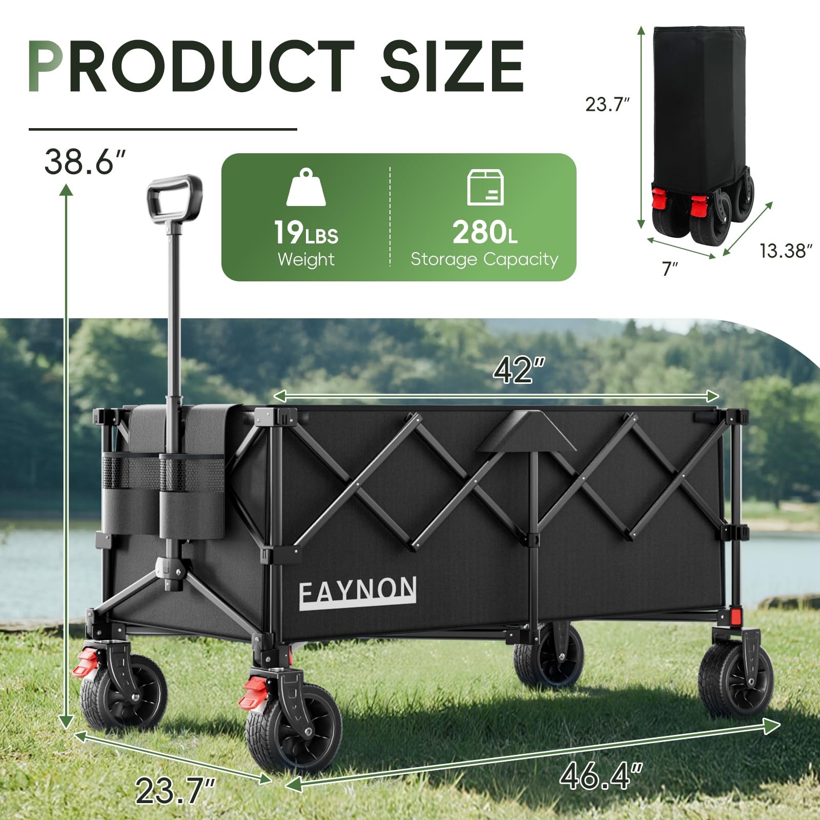 46″ L Collapsible Foldable Extended Wagon, 500LB Weight Capacity with 280L,Black