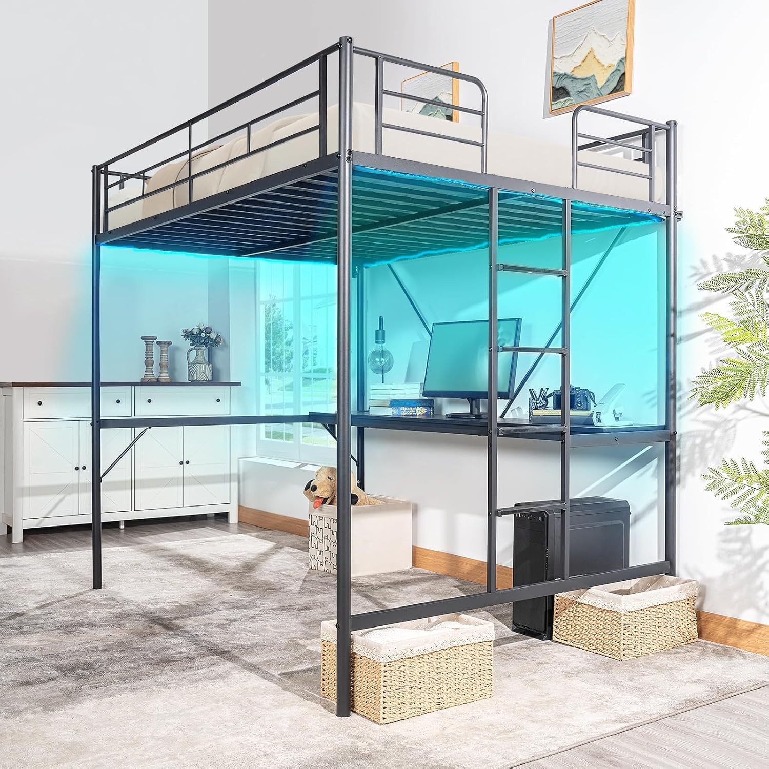Full Size Metal Loft Bunk Bed Frame for Kids Teens Adults with Desk Underneath
