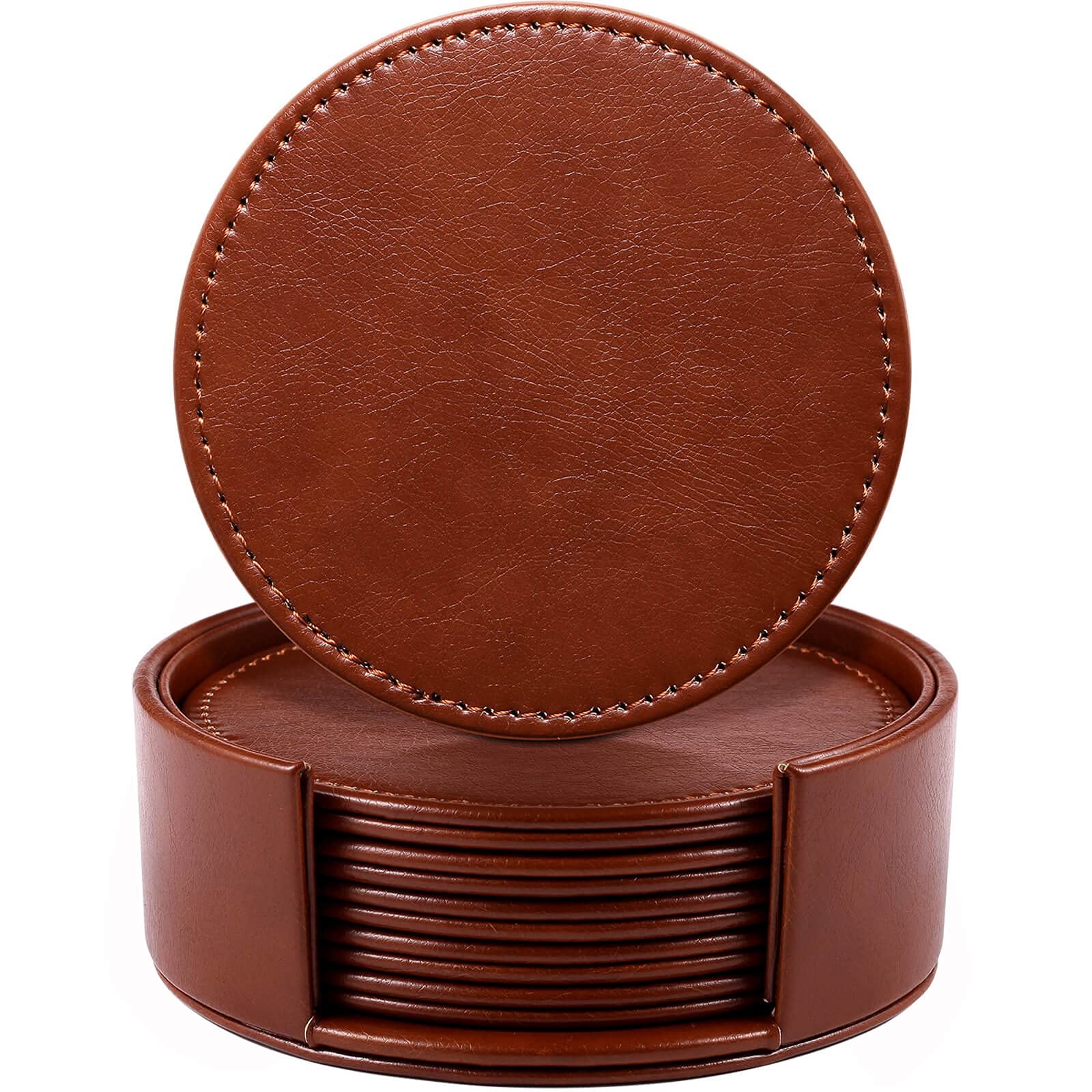 LAMOTI Leather Coasters for Drinks, 4″ Drink Coasters Set of 6 with Holder fo…
