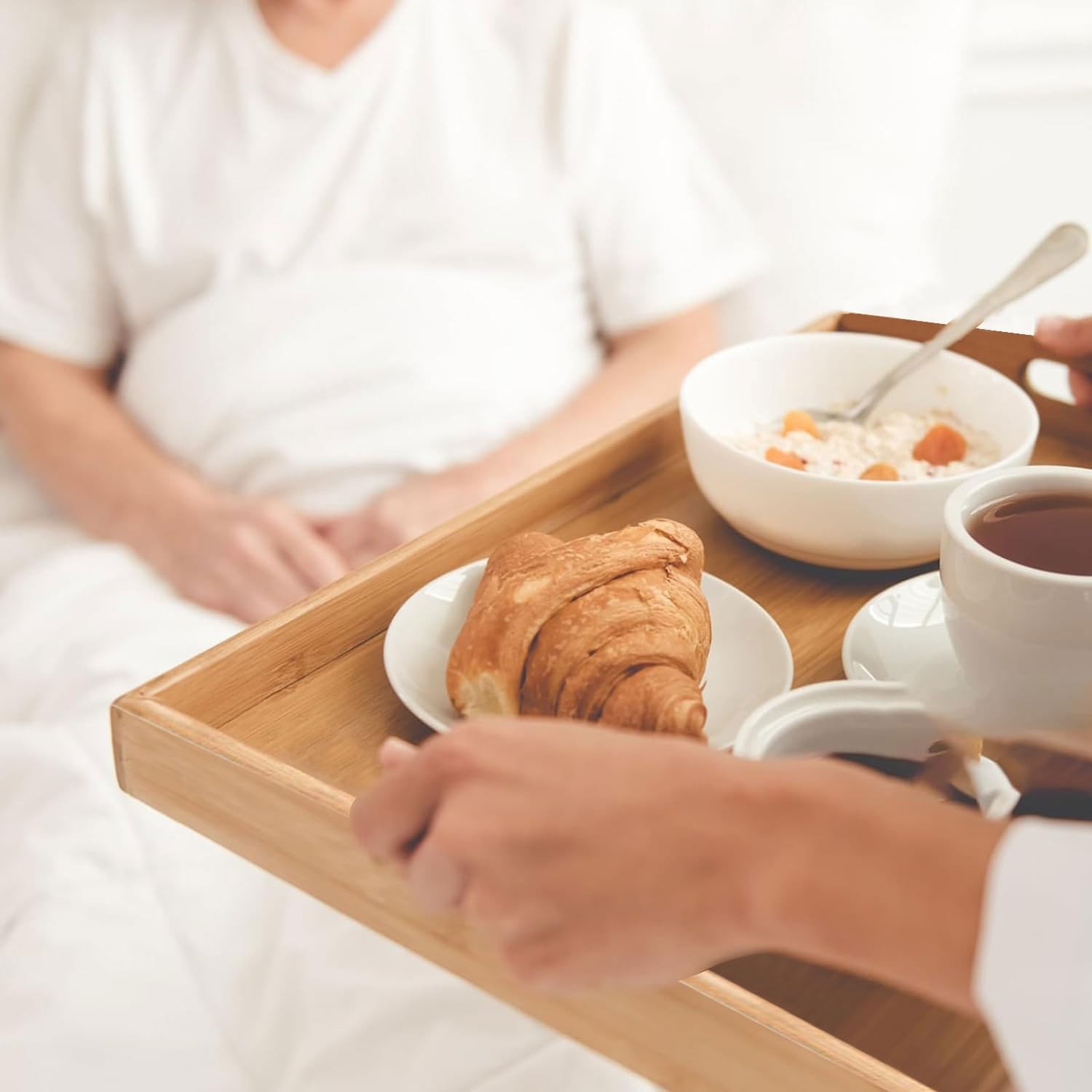 Serving Tray with Handles, Bamboo Breakfast Tray Wooden Trays Decorative Serving