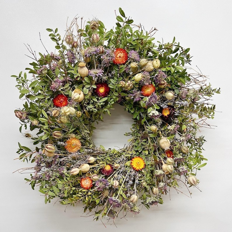 Golden hour blooms dried flower wreath. Wonderful Spring summer and fall natural