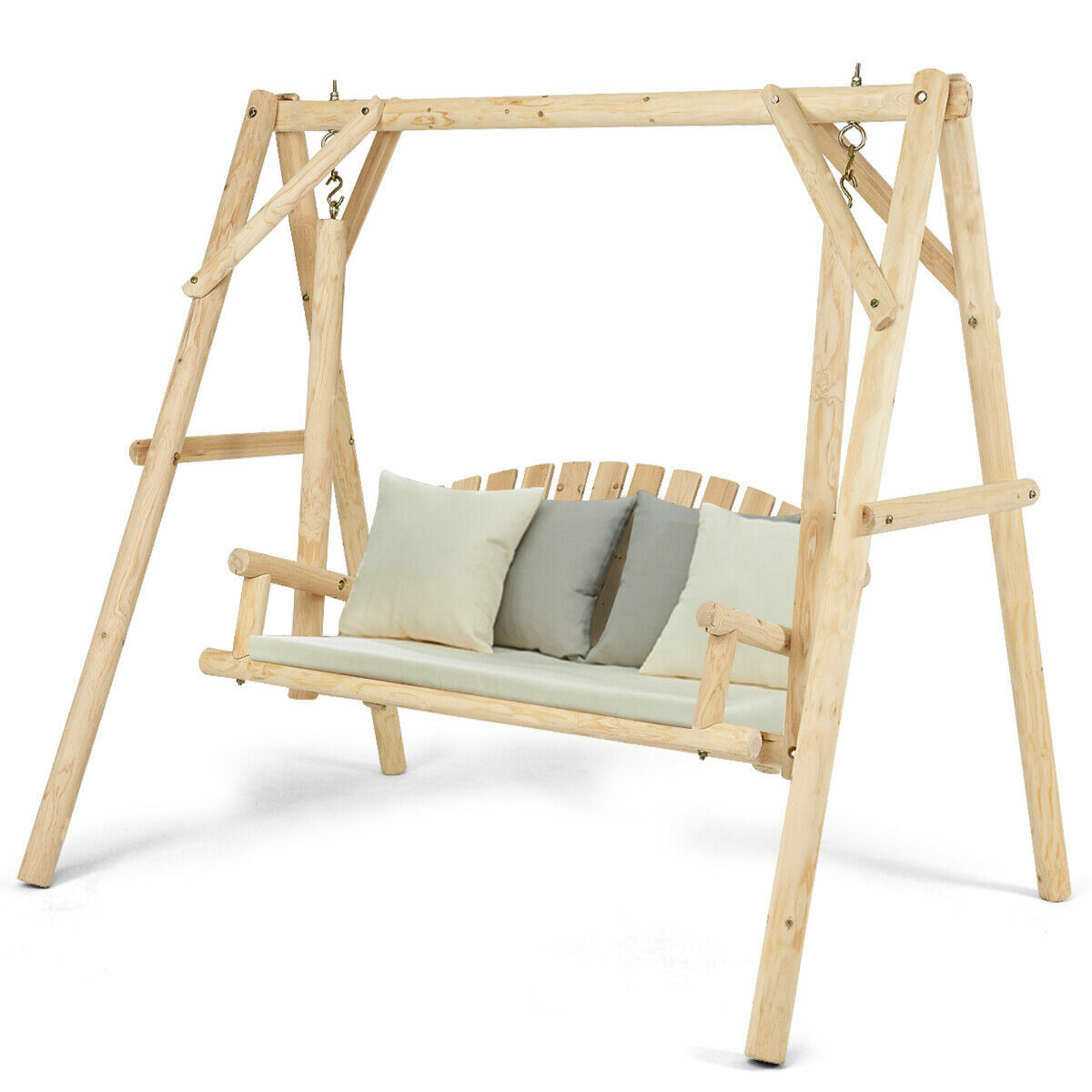 Wooden Porch Swing Outdoor Patio Rustic Torched Log Curved Back Bench A-Frame