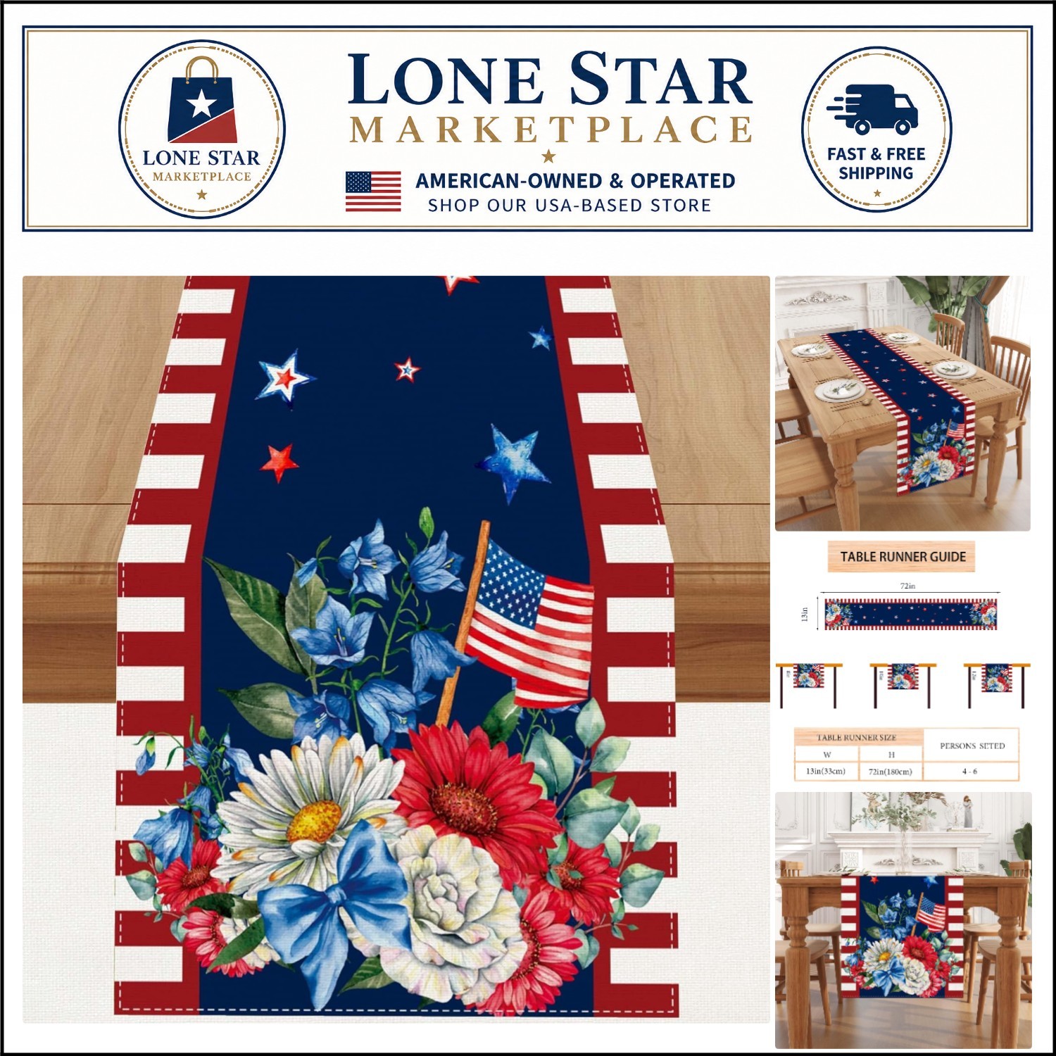 Fade-Resistant American Flag Table Runner 13×72 – Perfect for Holiday Gatherings