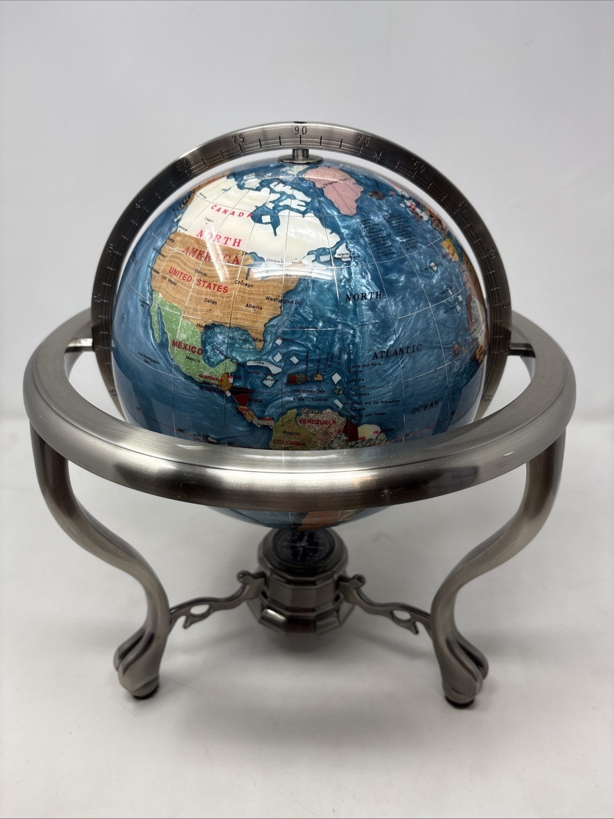 Kalifano Gemstone Tabletop Globe 15” Lapis Ocean Antique Silver Rotating