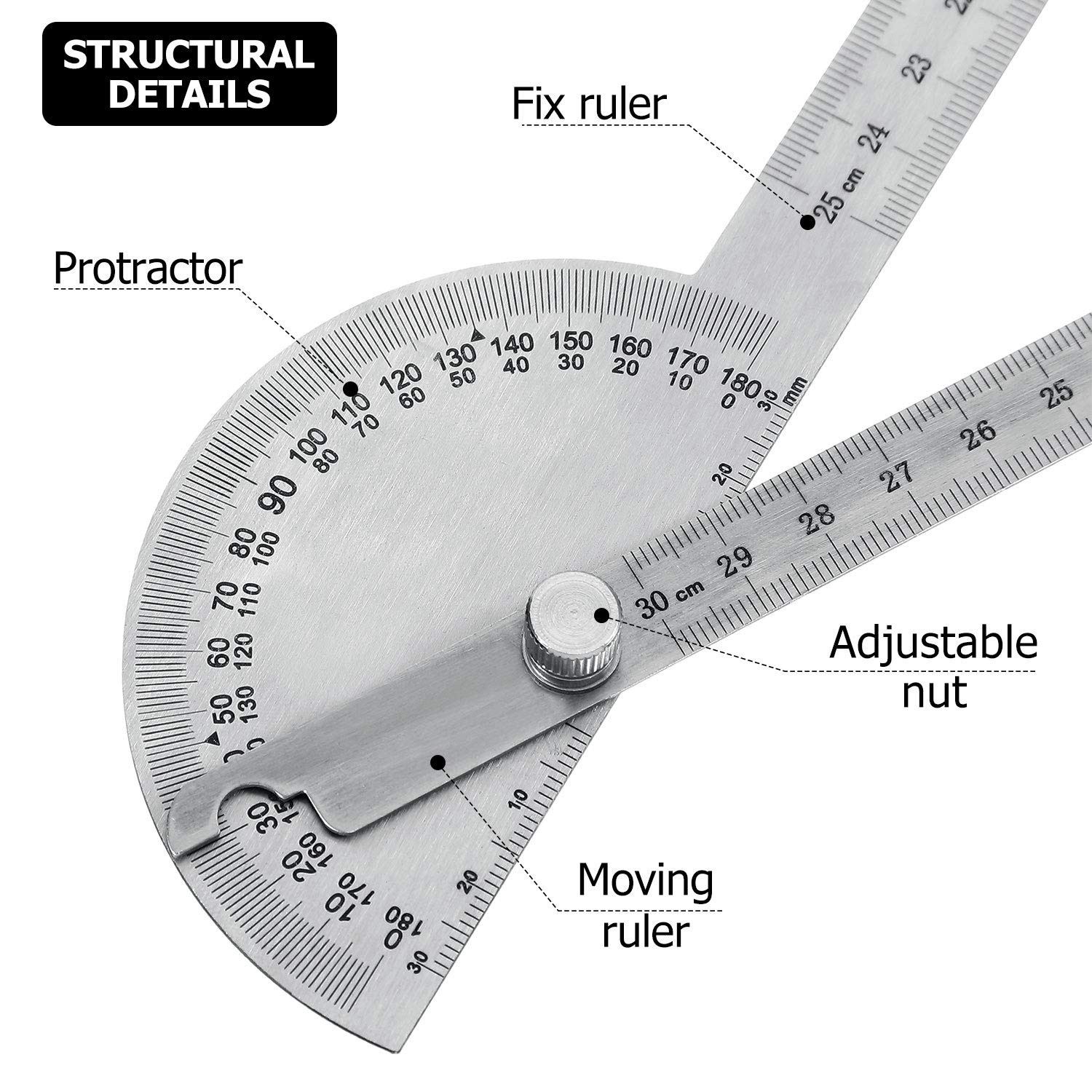 Angle Protractor Finder Ruler Two Arm Stainless 30 cm/ 11.8 Inch, Clear
