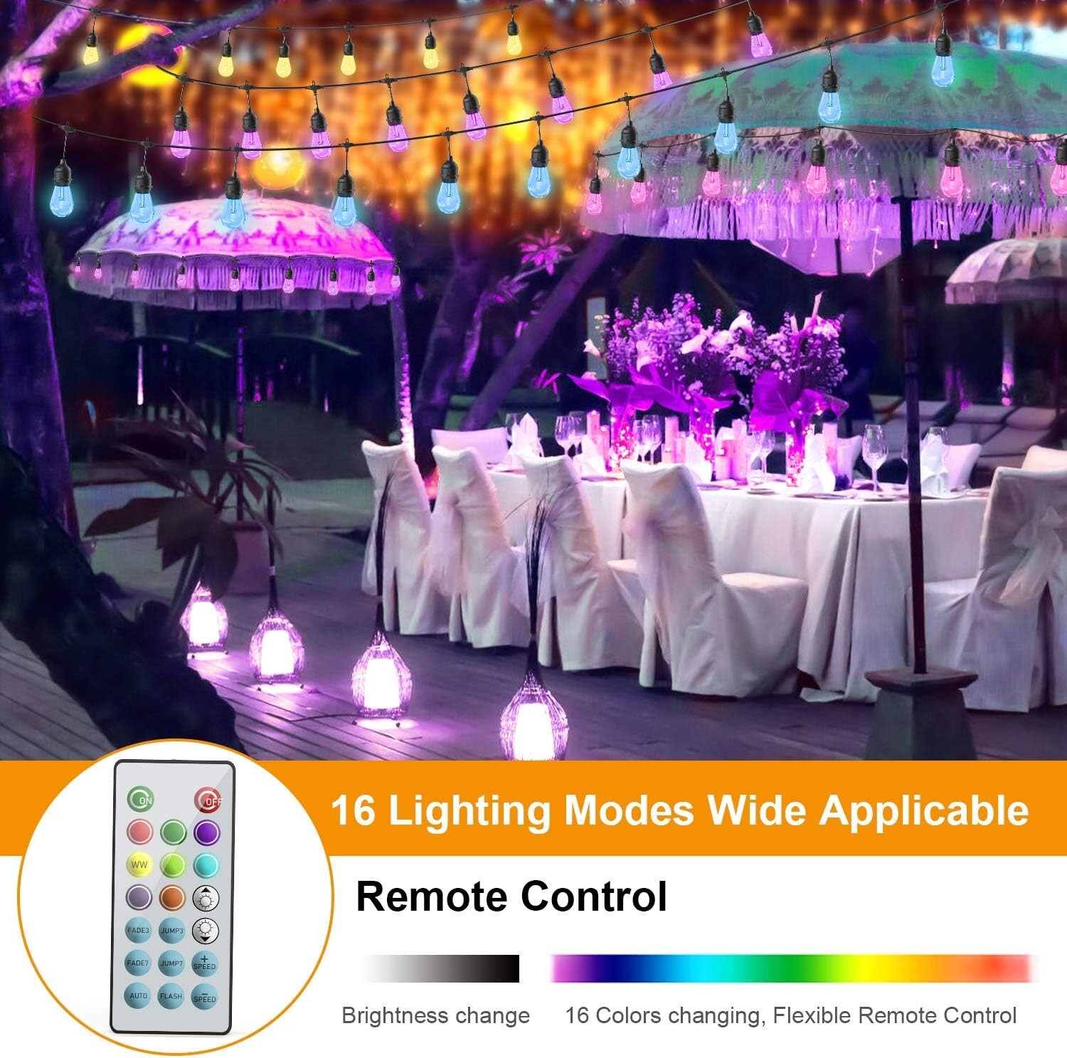48ft String Lights RGB Cafe LED String Lights w/15 S14 Bulbs Backyard Waterproof