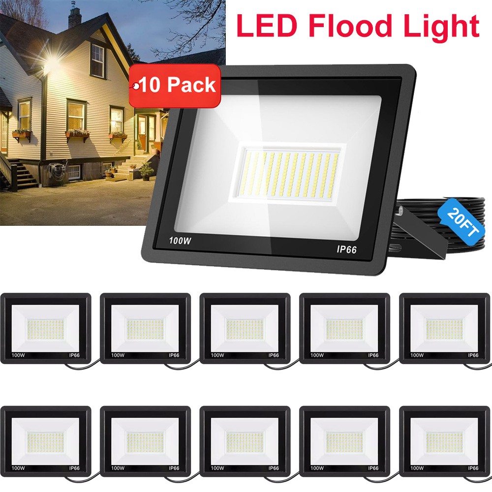 10Pack 100W LED Flood Light Garden Outdoor Lamp Yard Security Spotlight Fixtures