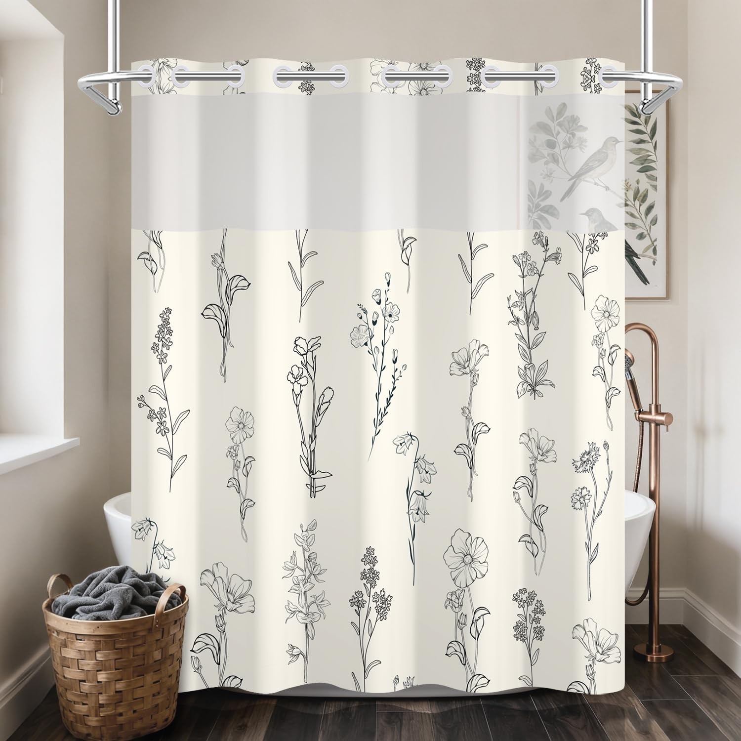 No Hook Floral Shower Curtain with Snap in Liner 71×74 Inch